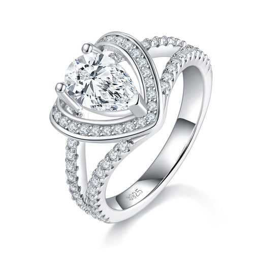 1ct heart cut moissanite ring with split shank and pavé halo in sterling silver