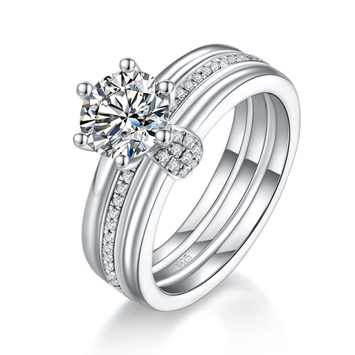 1ct round moissanite engagement ring set with matching band in sterling silver