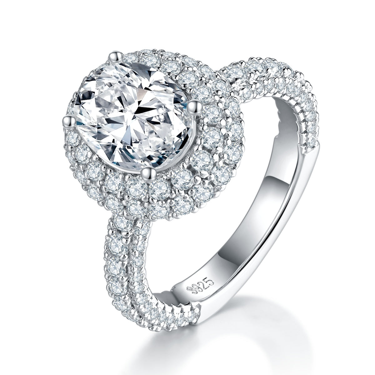 2ct oval moissanite ring with double halo on split pavé band, sterling silver