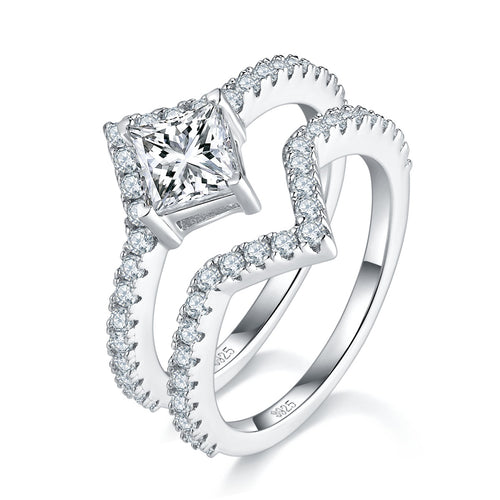 1ct princess cut moissanite engagement ring set with curved wedding band in sterling silver